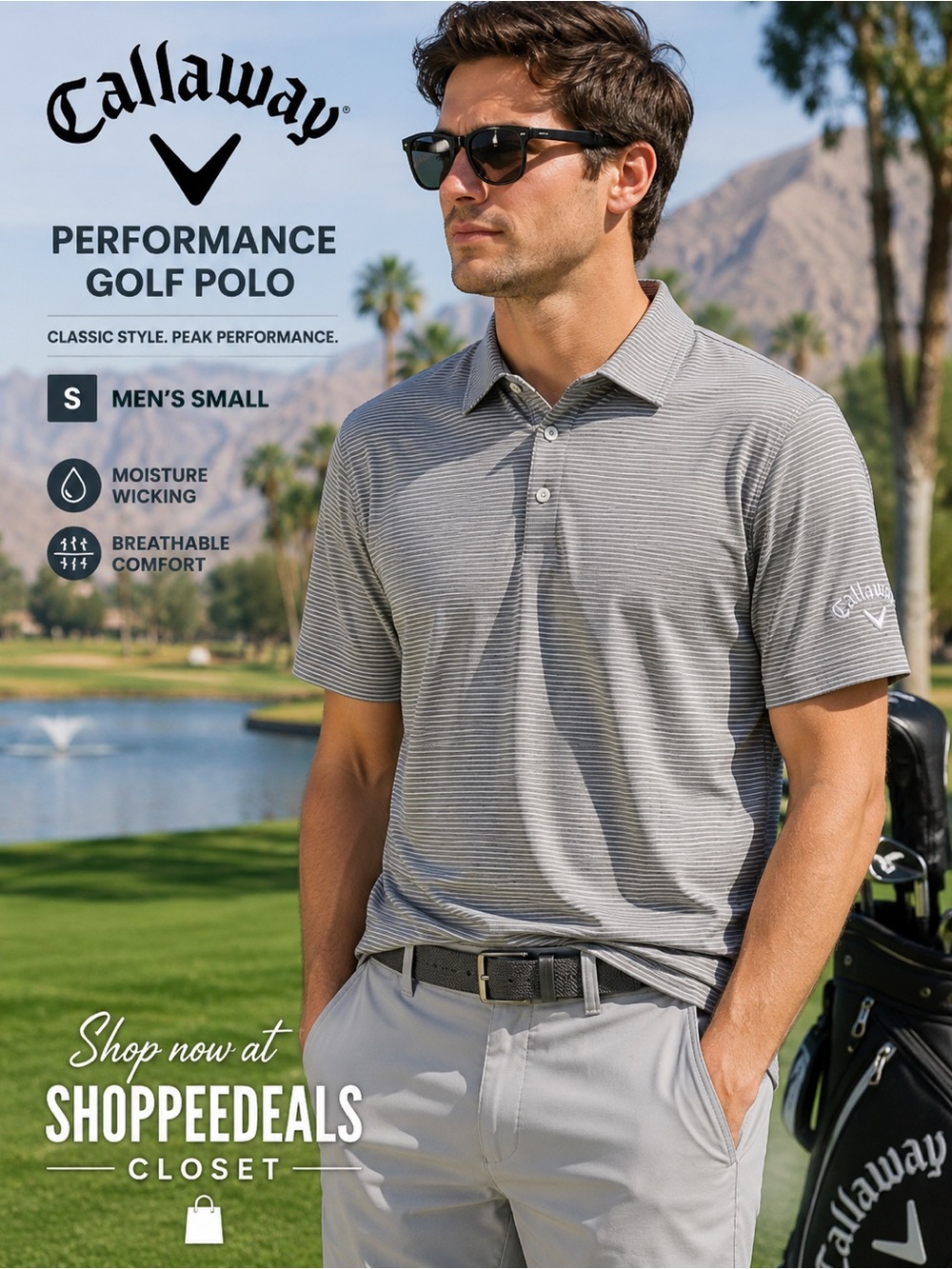 Callaway Striped Performance Golf Polo Shirt – Men’s Size Small – Gray